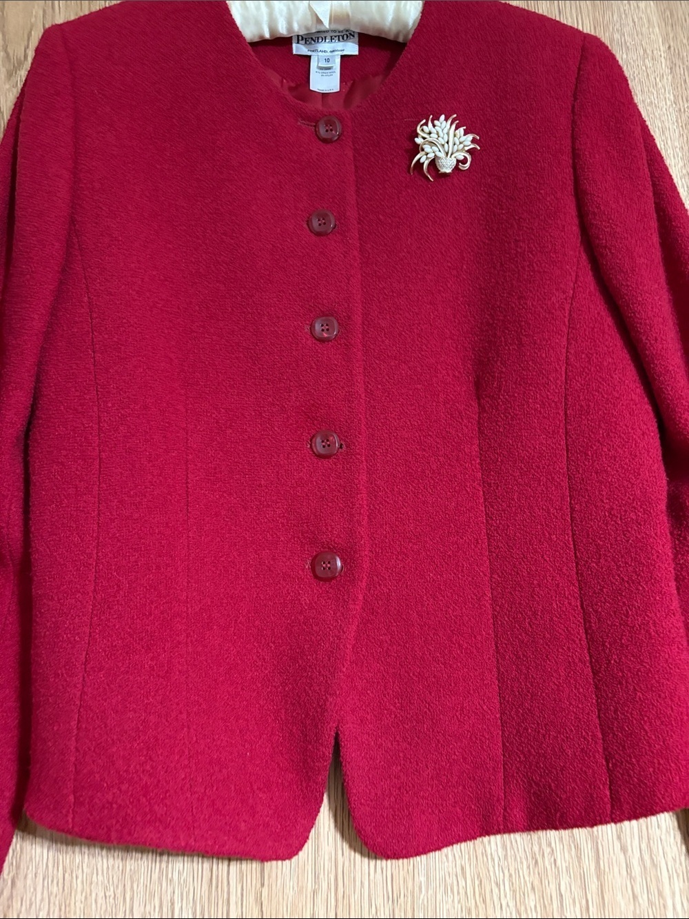 Pendleton Red Wool Blend Boxy Blazer with Decorative Brooch - Picture 4 of 9